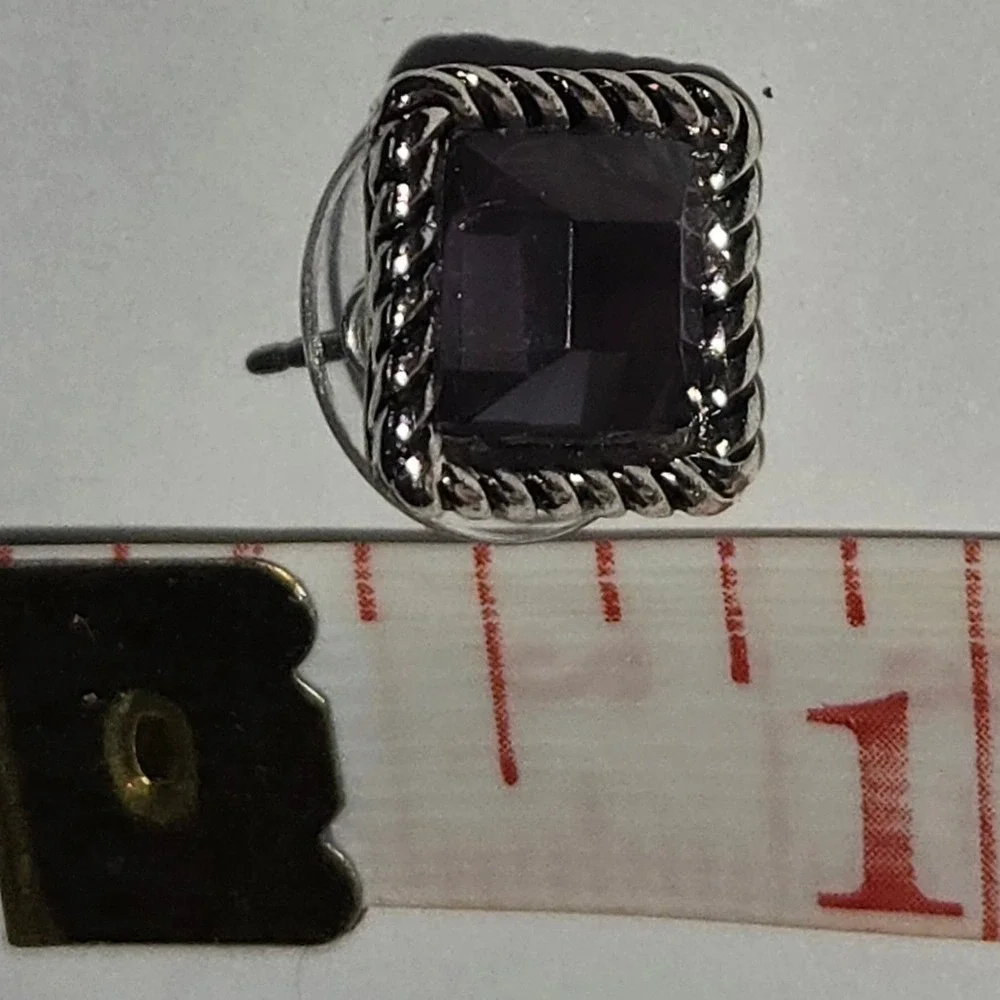 Square Purple Gem‎ Stud Earrings Silver Tone Twisted Rope Border Women